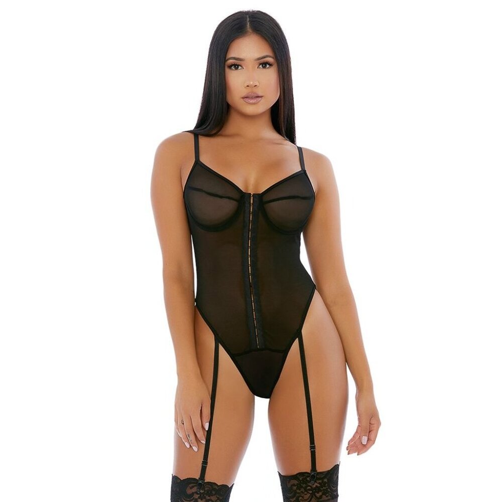 Forplay sheer mesh hook up gartered teddy‎ Black